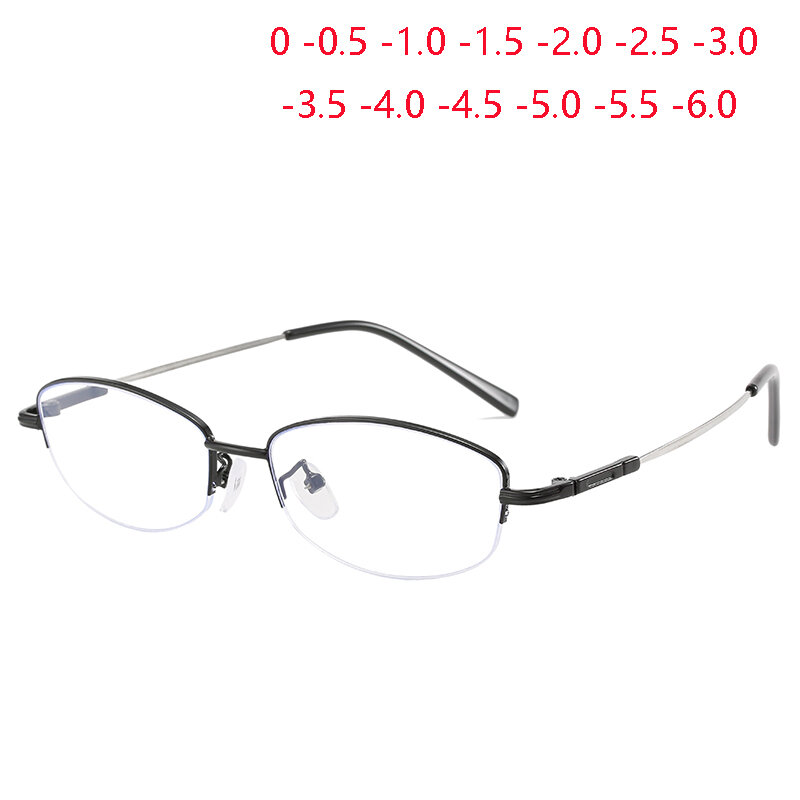 نظارات بقصر النظر نصف إطار معدنية بيضاوية للذاكرة ، عدسة راتنجية أنيقة للسيدات ، نظارات طبية قصيرة النظر ، 0 ،-~ ~ ~ ~ ~ ~