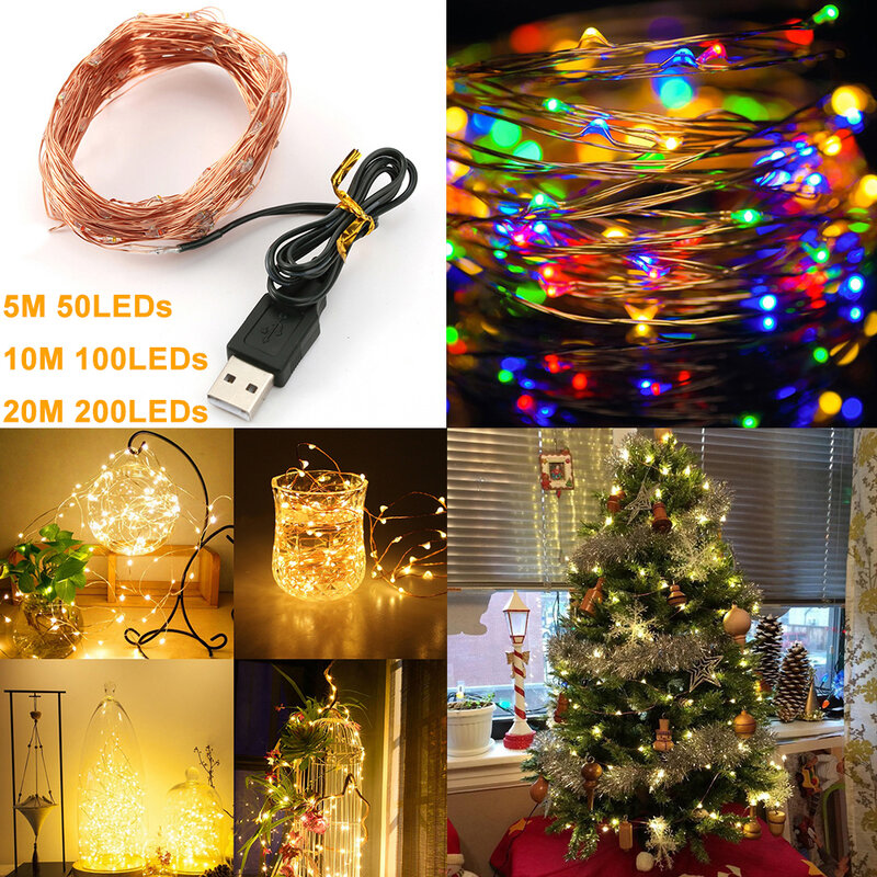5 متر 10 متر 20 متر LED ضوء سلسلة الأسلاك النحاسية الجنية الدافئة الأبيض متعدد الألوان جارلاند المنزل عيد الميلاد ديكور في الهواء الطلق مدعوم من USB