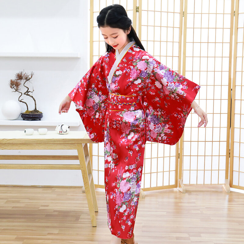 الأطفال الفتيات الأحمر ثوب الكيمونو الياباني ثوب الحمام طباعة زهرة أداء الملابس يوكاتا مع Obitage لينة تأثيري حلي