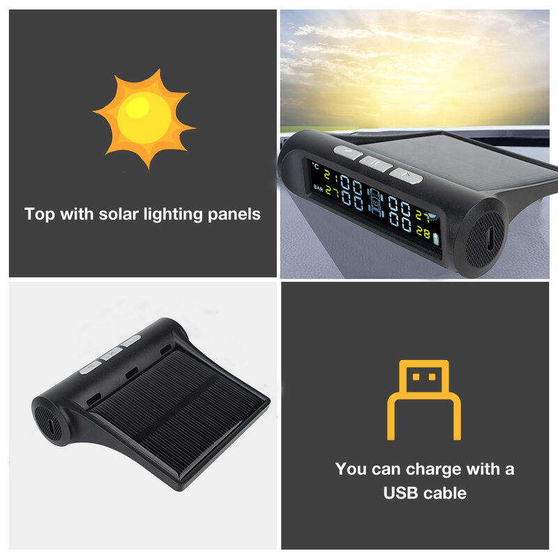 الشمسية مستشعر تساوي ضغط الإطارات نظام مراقبة ضغط الإطارات مع 4 أجهزة الاستشعار الخارجية الرقمية شاشة الكريستال السائل الإطارات التشخيص عدة اكسسوارات السيارات