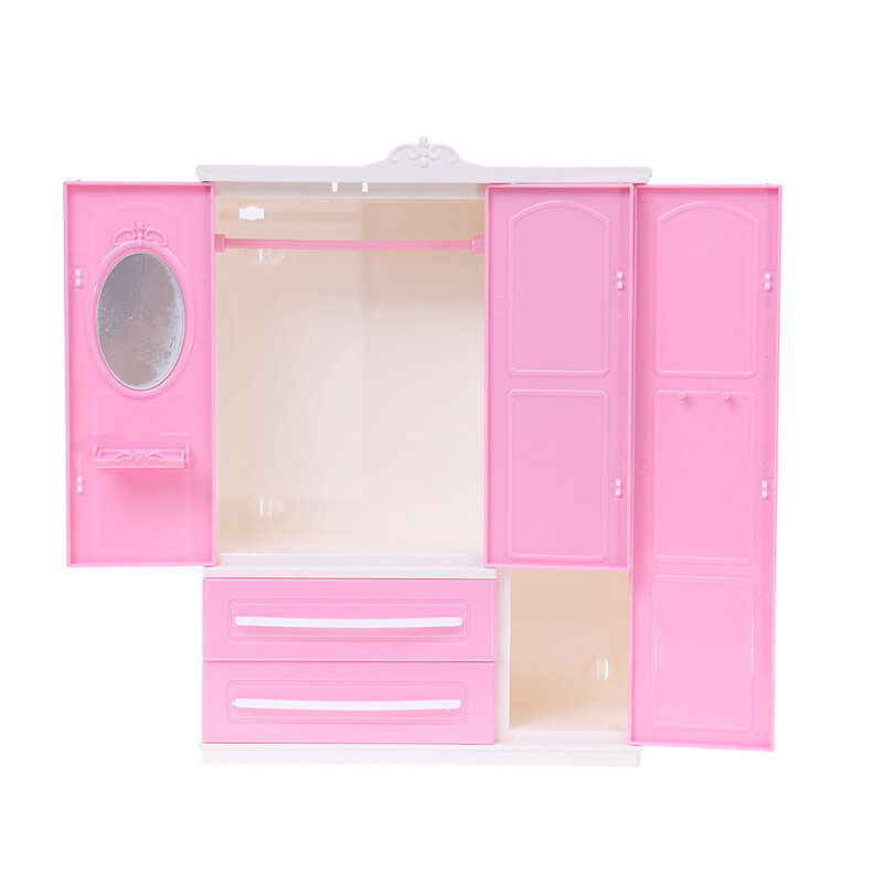 ثلاثة أبواب الوردي خزانة عصرية للدمى الأثاث الملابس والاكسسوارات لعب للبنات لعبة طفل