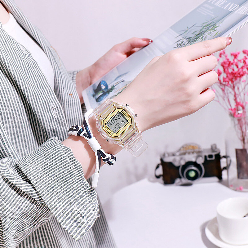 ساعة الموضة النساء الرجال الذهب عادية شفافة الرقمية الرياضة الساعات عاشق ساعة حائط هدية الأطفال ساعة اليد الإناث Reloj Mujer