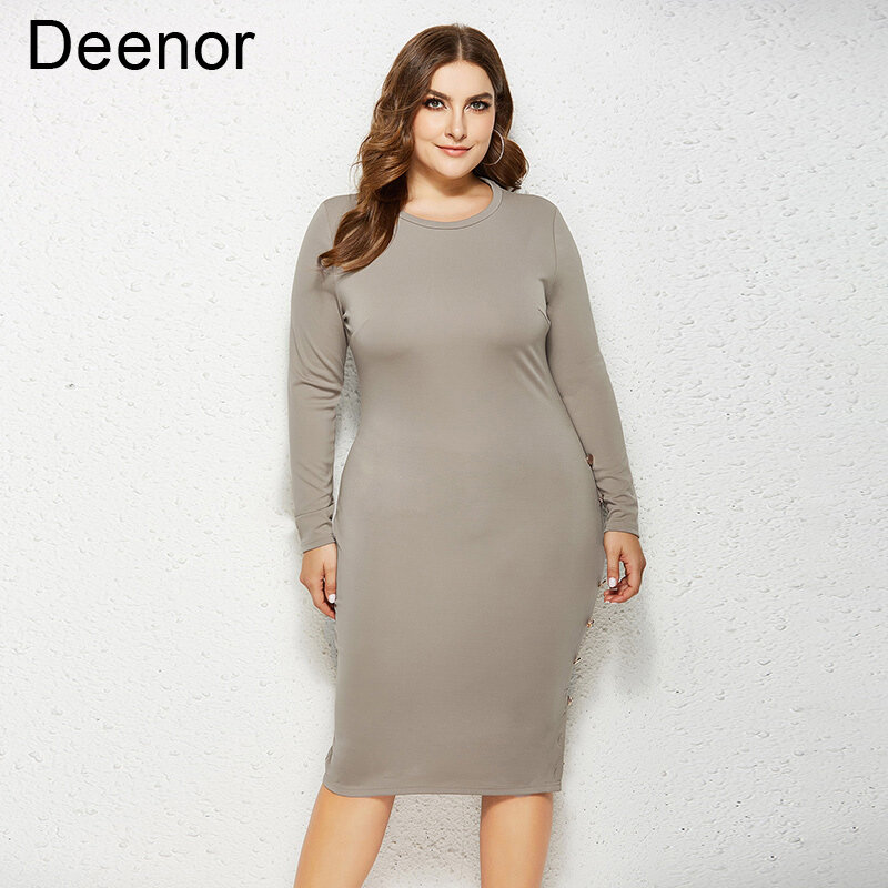 Deenor حجم كبير فستان المرأة Soild س الرقبة نحيل حزمة الورك ثوب أنيق للنساء فساتين طويلة الأكمام فساتين السهرة