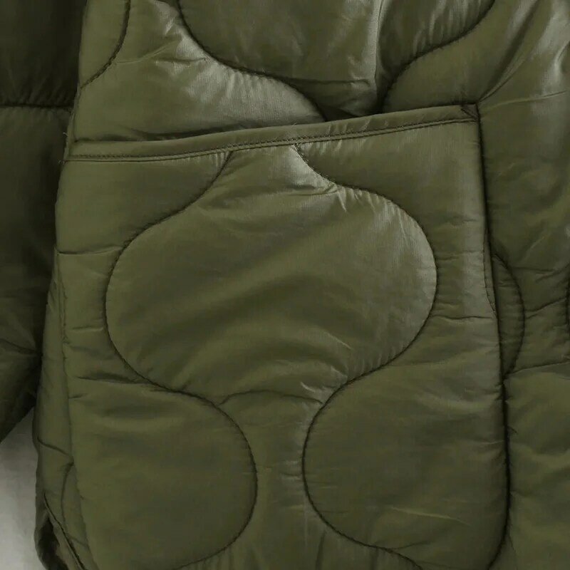 الجيش الأخضر جاكيت مبطن كبير الحجم امرأة 2021 خريف شتاء قطن معطف مبطّن فضفاض غير رسمي لا طوق موضة أبلى أنيق أنيق