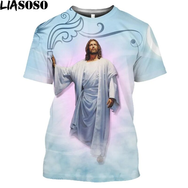 LIASOSO توب المسيح يسوع قميص الرجال النساء ثلاثية الأبعاد الطباعة الدين الله مانغا المحملة اليومية Harajuku تأثيري كول كم قصير ملابس الشارع الشهير