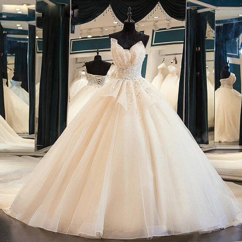 فستان زفاف 2021 فاخر دانتيل بدون حمالات أنيق سويب تراين الأميرة فيستدو دي نويفا مقاس مخصص