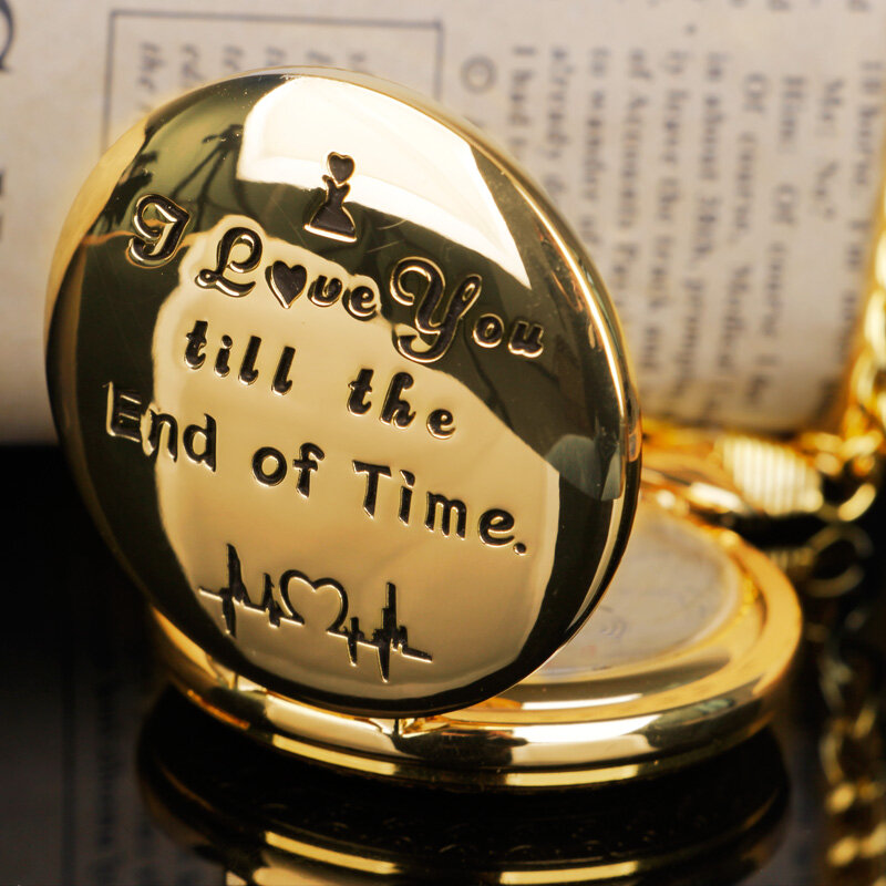الفاخرة الذهبي ساعة جيب كوارتز "أحبك" زوجين ساعة للهدية قلادة المألوف عالية الجودة هدية الكريسماس