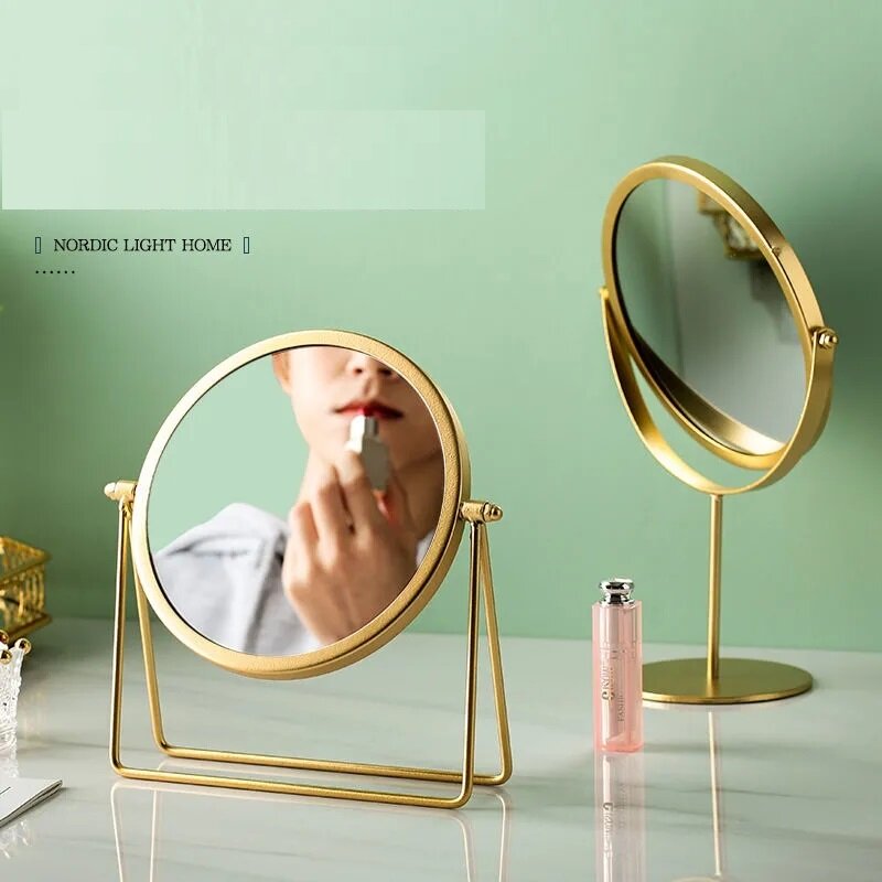 مرآة لوضع مساحيق التجميل الخفيفة الفاخرة الرجعية الأوروبية معدن الذهب سطح المكتب المنزل سطح المكتب مربع مرآة مستديرة مرآة عنبر مرآة لوضع مساحيق التجميل