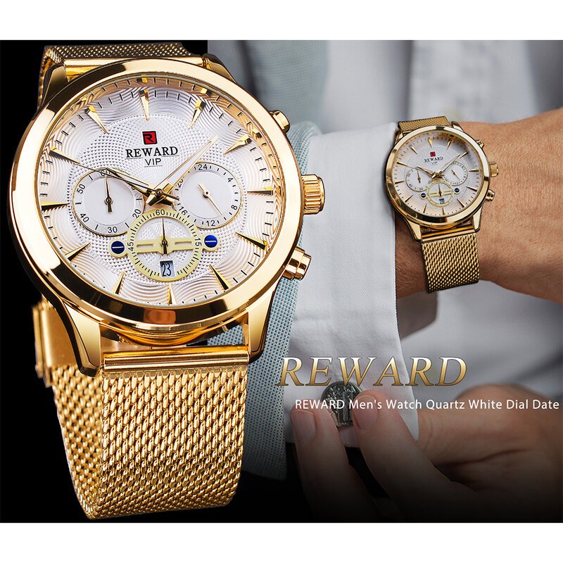 ساعة مكافأة الذكور العلامة التجارية الجديدة الفاخرة ساعة كرونوغراف رجل مضيئة الأيدي ساعة ذهبية الفولاذ المقاوم للصدأ حزام Relogio Masculino