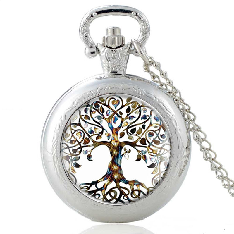 أسود كلاسيكي موضة شجرة الحياة تصميم الزجاج كابوشون ساعة جيب كوارتز خمر الرجال عقد دلاية نسائية سلسلة