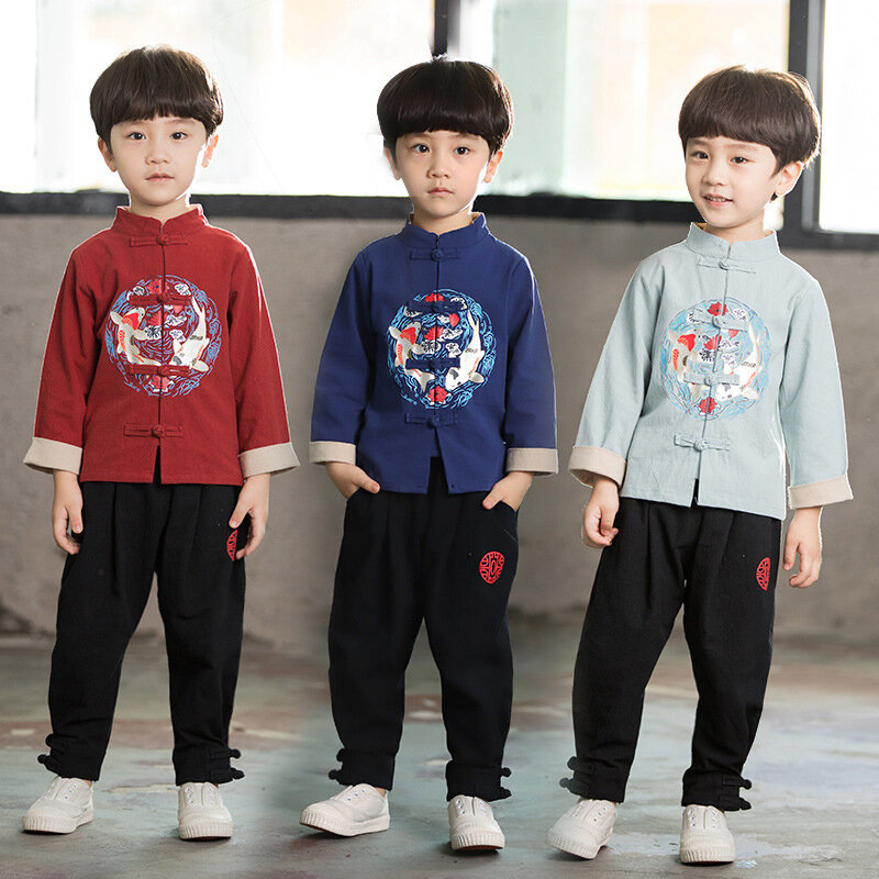 2 قطعة الصبي الملابس الصينية التقليدية للأطفال السنة الجديدة ازياء تانغ دعوى Hanfu الأطفال تأثيري الربيع مهرجان أعلى السراويل مجموعات