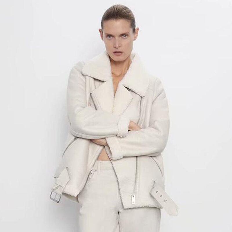 عالية الجودة 2021 الشتاء معطف المرأة سميكة فو معطف جلد موضة طويلة الأكمام البريدي سترة Bomber سترة Casaco Feminino