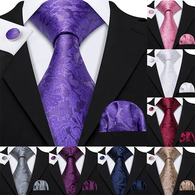 ربطة عنق طويلة من الحرير الأرجواني للرجال ، أزرار أكمام للمنديل ، جاكار بيزلي ، بانج بارى زهري ، أعمال الزفاف ، 50 نمط ، بنفسجي