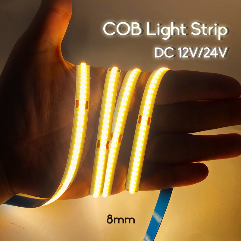 COB Led أضواء ستيرب 8 مللي متر مرنة ليلة ضوء DC12V/24 فولت الديكور نوم ديود الشريط إضاءة بيضاء دافئة الغلاف الجوي الإضاءة
