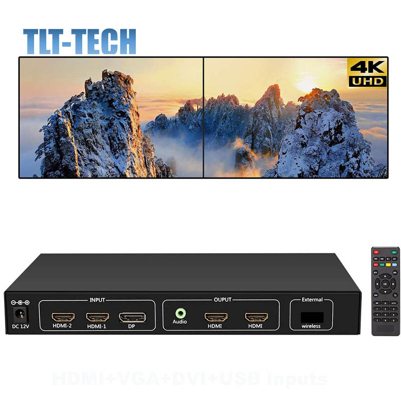 TLT-TECH 4K وحدة تحكم الفيديو الجدارية 1x2 التلفزيون الجدار المعالج مع 3840x2160 @ 60HZ دعم HDMI2.0 و 1.4 ، DP1.2 إشارة الإدخال