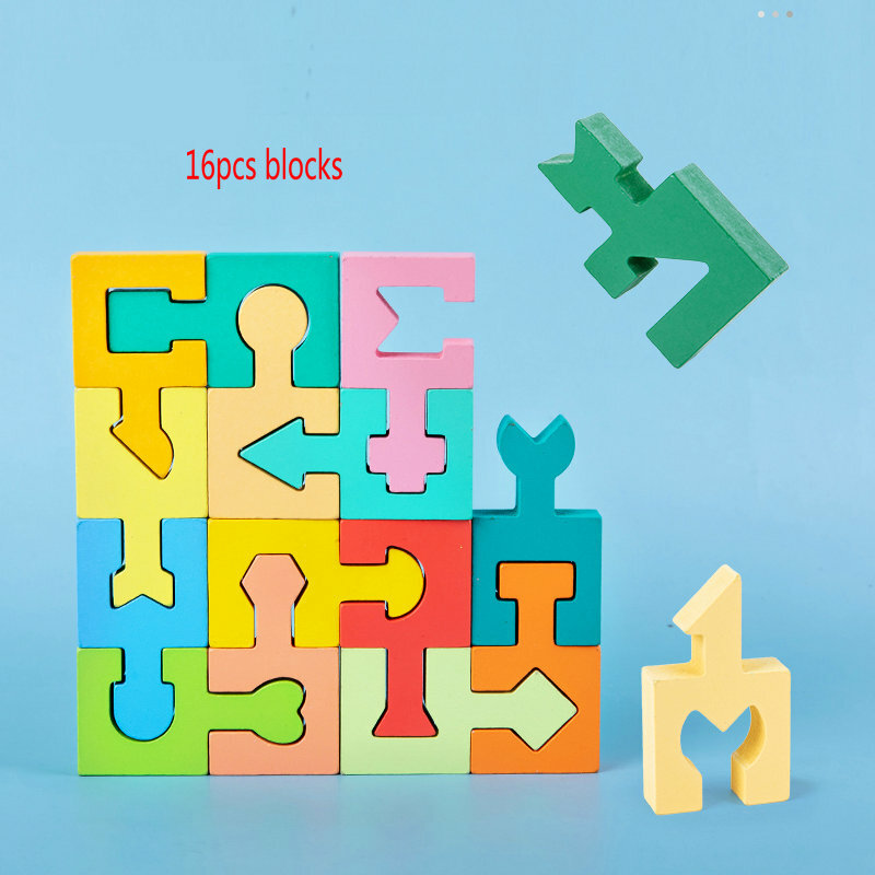 16 قطعة شكل هندسي مطابقة كتل الربط الأطفال التعليم التفكير المنطقي اللغز لعبة مونتيسوري الطفل الخشب