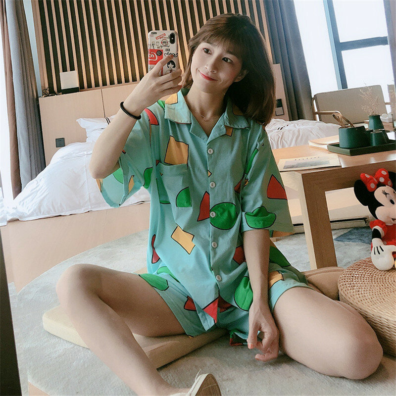 بيجامات الصيف والخريف بيجامات النوم اليابانية بيجامات نسائية قطنية قصيرة الأكمام ملابس منزلية أنيمي ثوب النوم