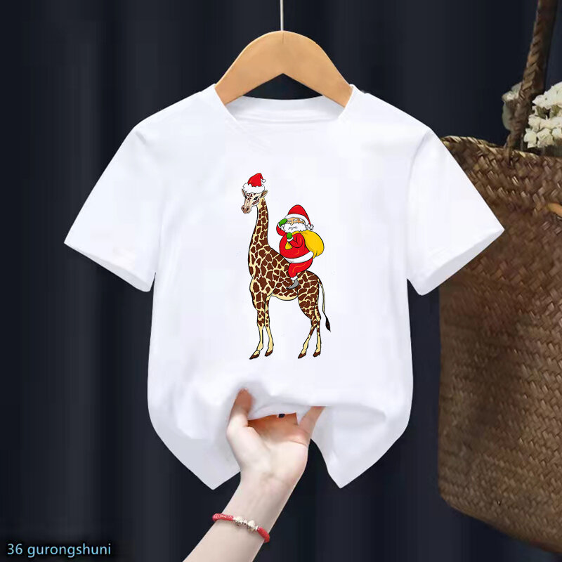 سانتا ركوب الزرافة طباعة تي شيرت بلايز للبنات/بنين مضحك الاطفال ملابس عيد الميلاد هدية التي شيرت Harajuku Kawaii الأطفال قميص