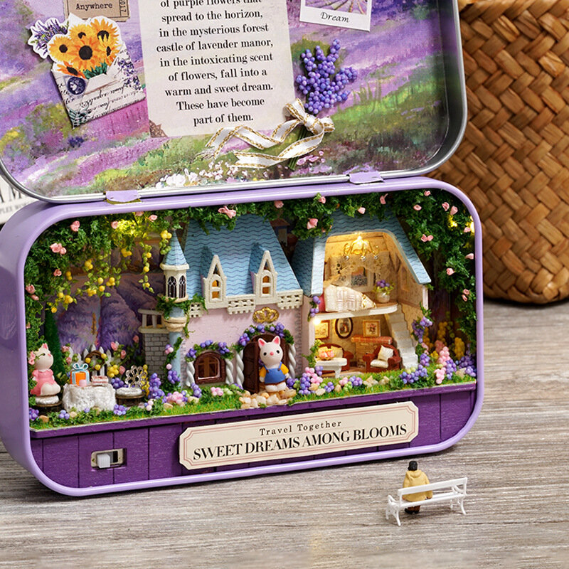 بيت الدمية المصغر مع أثاث أرنب خشبي ، لعبة بناء مصغرة مع إضاءة LED ، هدية عيد ميلاد للأطفال