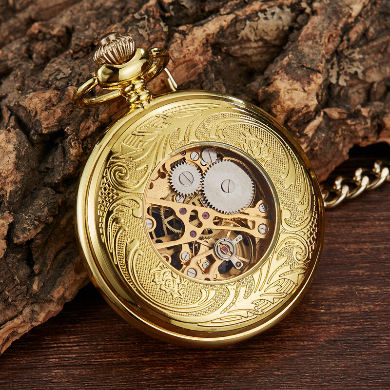 ساعة جيب ميكانيكية أوتوماتيكية للرجال والنساء ، جيب ، سلسلة فولاذية ، نحت رائع ، أرقام رومانية