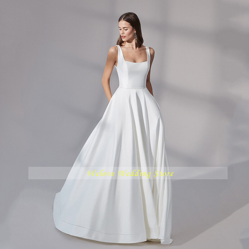 2021 الصيف امرأة فستان الزفاف الزواج ساحة طوق الأشرطة سميكة بسيطة ورخيصة عارية الذراعين ريفي فستان زفاف أبيض