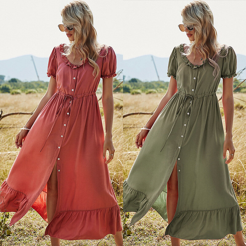 2021 فستان صيفي مثير انقسام واحدة الصدر الياقة المستديرة لون نقي عالية الخصر فستان شاطئ عطلة الشاطئ