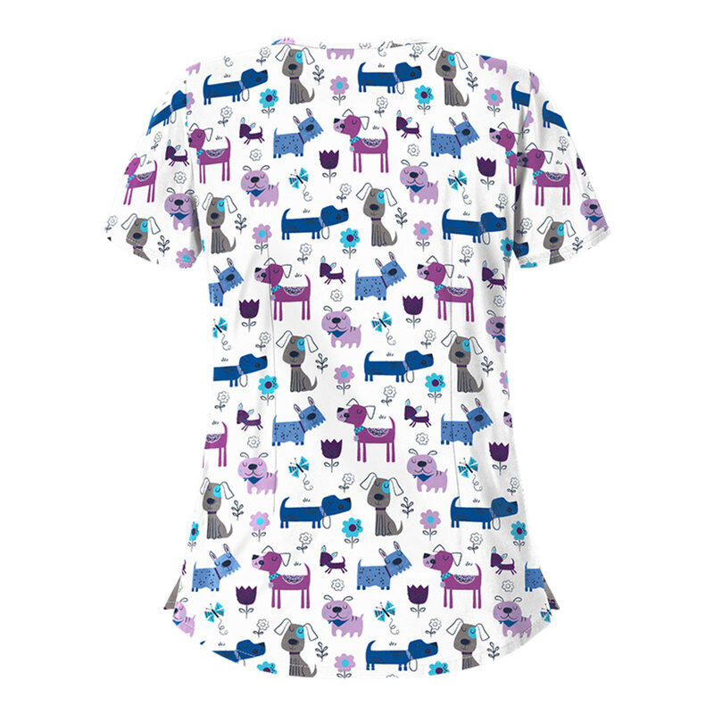 2021 المرأة قصيرة الأكمام الخامس الرقبة جيب الرعاية العمال تي شيرت بلايز الصيف ملابس العمل القمم القط الكلب طباعة ممرضة موحدة عيادة بلوزة