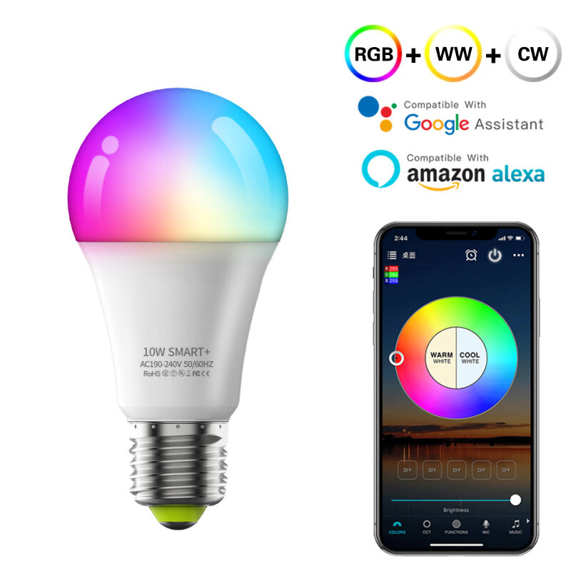 مصباح ذكي E27 واي فاي + بلوتوث التحكم الصوتي RGB CCT عكس الضوء الموقت أضواء التحكم عن بعد مصباح العمل مع أليكسا جوجل المنزل