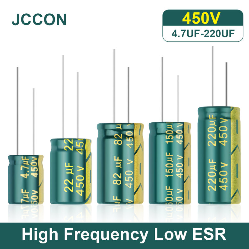 JCCON الألومنيوم مُكثَّف كهربائيًا عالية التردد منخفضة ESR 450V 4.7 فائق التوهج 6.8 فائق التوهج 22 فائق التوهج 33 فائق التوهج 47 فائق التوهج 68 فائق التوهج 100 فائق التوهج 120 فائق التوهج 150 فائق التوهج