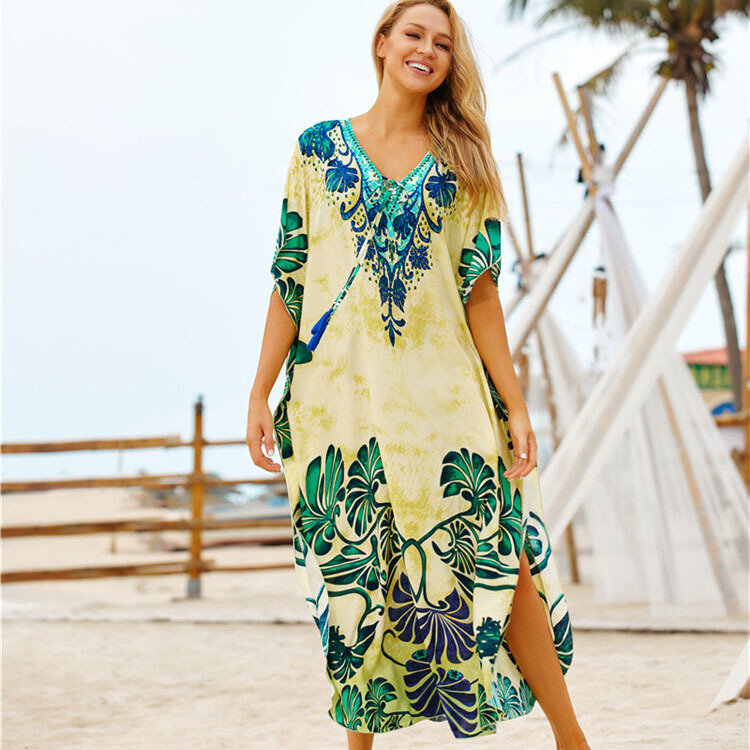 فستان شاطئ بنمط بوهو للنساء ، تونك ، كيمونو ، طباعة أوراق الشجر ، ملابس صيفية للشاطئ والمسبح