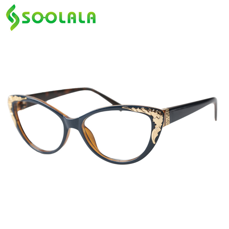 SOOLALA القط العين مكافحة الضوء الأزرق النساء القراءة نظارات Cateye طويل النظر نظارات إطار مع الذهب الباروك + 0.5 1.0 1.5 2.0 إلى 4.0