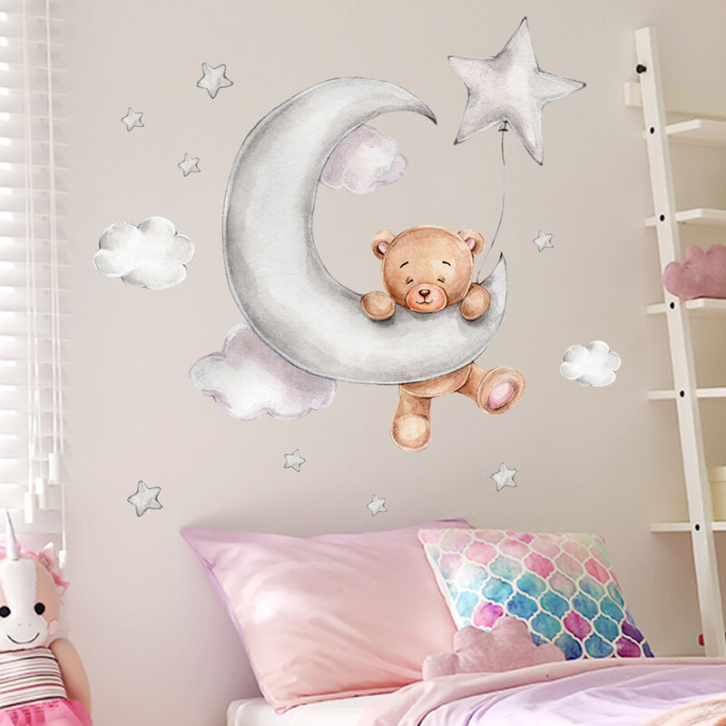 الدب القمر الغيوم نجوم ملصقات جدار غرفة نوم للطفل الاطفال غرفة خلفية ديكور المنزل ورق حائط لغرفة المعيشة الحضانة ملصق
