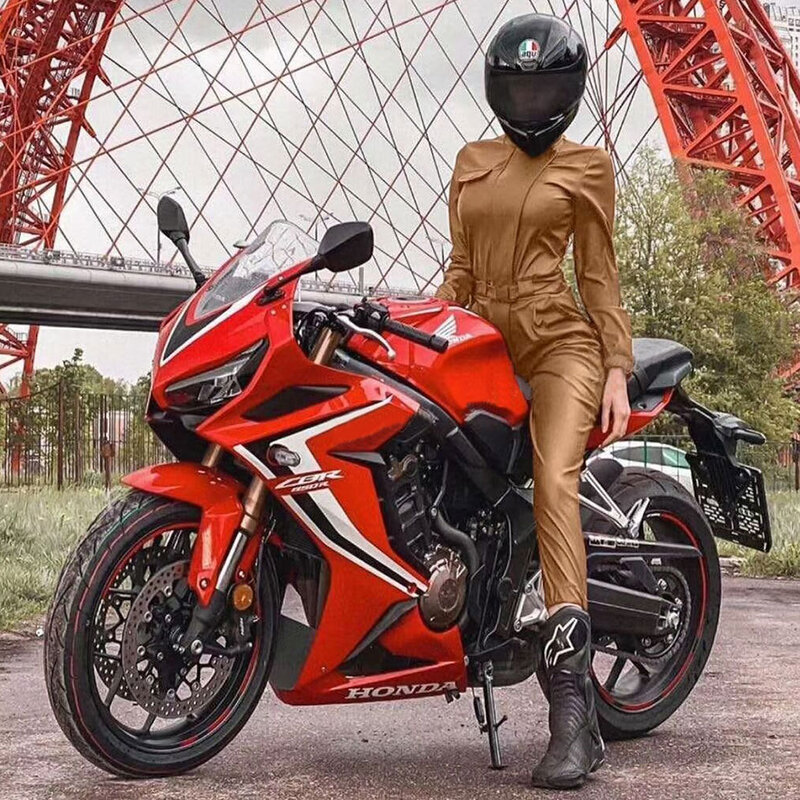 شحن مجاني 2021 موضة جديدة للمرأة زيبر بذلة فو الجلود بذلة الوقوف طوق حزام طويل الأكمام بولي Motorcycle دراجة نارية بذلة