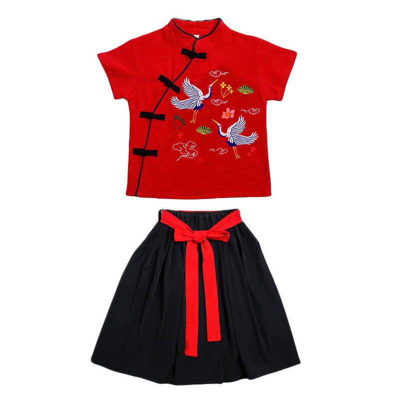 2 قطعة التقليدية الصينية السنة الجديدة ازياء ملابس للأطفال الربيع مهرجان تانغ دعوى فتاة الصبي مجموعات قصيرة الأكمام أعلى السراويل تنورة