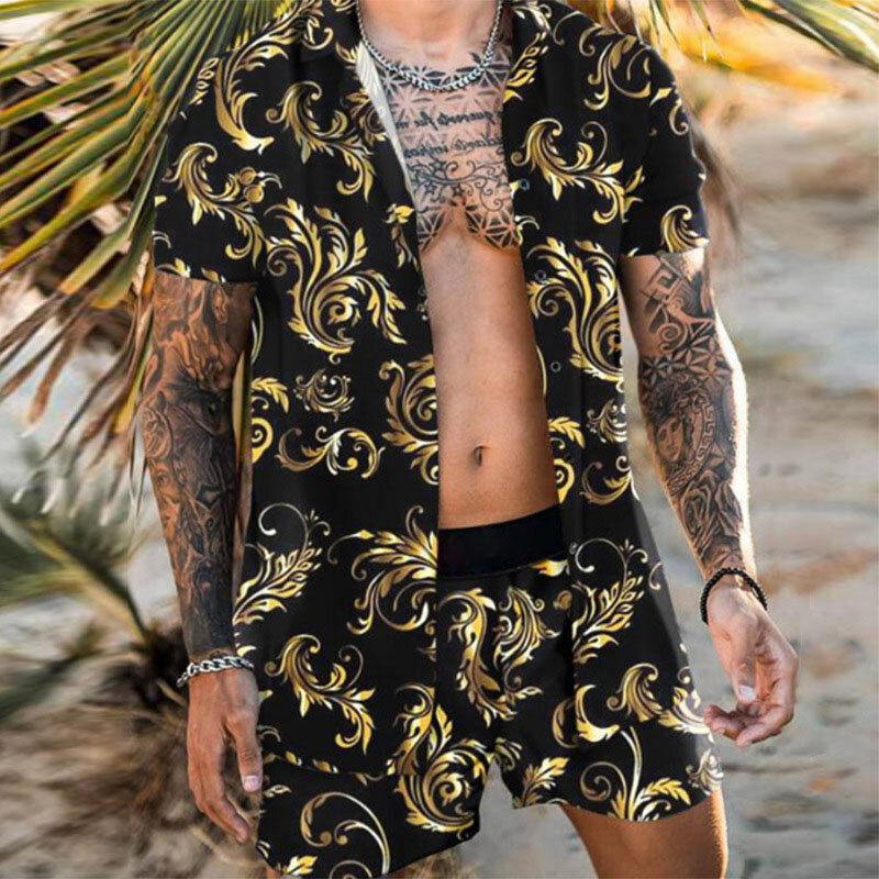 بدلة رجالية قصيرة الأكمام هاواي قميص + شورت كبير الصيف طباعة بلوزات غير رسمية الشاطئ قطعتين دعوى 2023 موضة جديدة الملابس