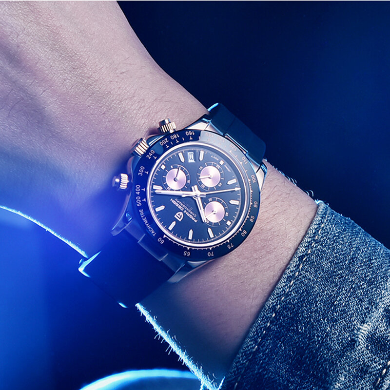 PAGANI تصميم العلامة التجارية الجديدة الرجال كوارتز ساعة اليد المطاط حزام ساعة كرونوغراف فاخر الياقوت الزجاج ساعة رياضية الرجال Relogio