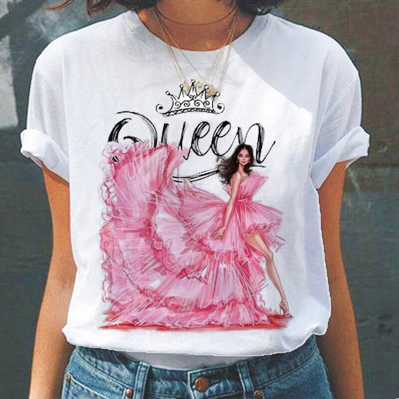 الوردي الملكة الجرافيك مطبوعة المرأة تي شيرت الصيف بلوزات على الموضة تي شيرت فام قصيرة الأكمام بلايز السيدات عادية Harajuku قميص
