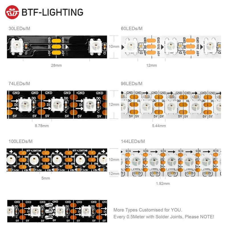 أضواء شريط LED سحرية بكسل ذكية ، مصابيح RGB قابلة للمعالجة بشكل فردي ، أسود أبيض ، PCB ، IP30 ، 65 ، 67 ، DC5V ، WS2812B ، WS2812