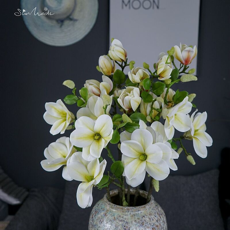SunMade فاخر كبير ماغنوليا فرع الزهور البيضاء الزفاف الديكور المنزل ديكور فلوريس مصطنع خريف السنة الجديدة