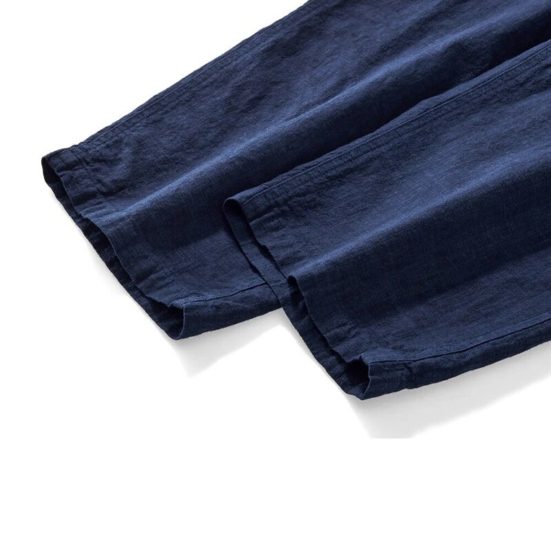 اليابانية الرجعية النيلي البضائع السراويل الرجال متعددة جيوب فضفاض بنطال ذو قصة أرجل واسعة القطن الكتان أربعة الموسم عادية مستقيم طويل بنطلون