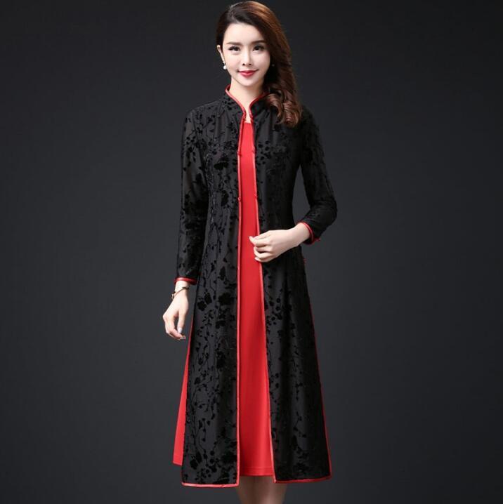 رداء المرأة الصينية Ao داي شيونغسام الربيع سترة تشمل فستان أحمر الدانتيل