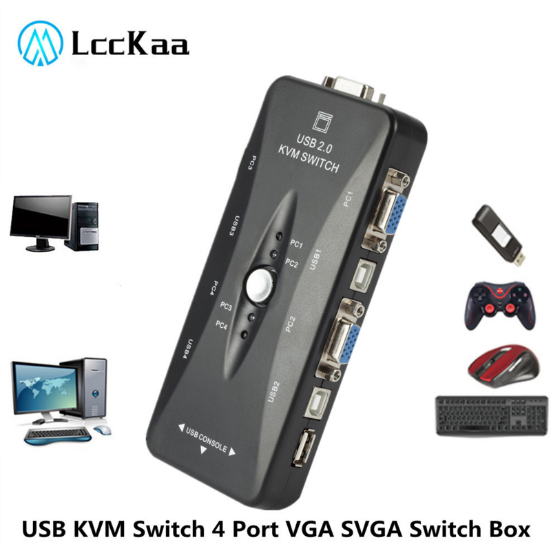 LccKaa USB مفتاح ماكينة افتراضية معتمدة على النواة 4 ميناء VGA SVGA التبديل صندوق USB 2.0 KVM ماوس الجلاد لوحة المفاتيح 1920*1440 Vga الفاصل صندوق تقاسم التبديل