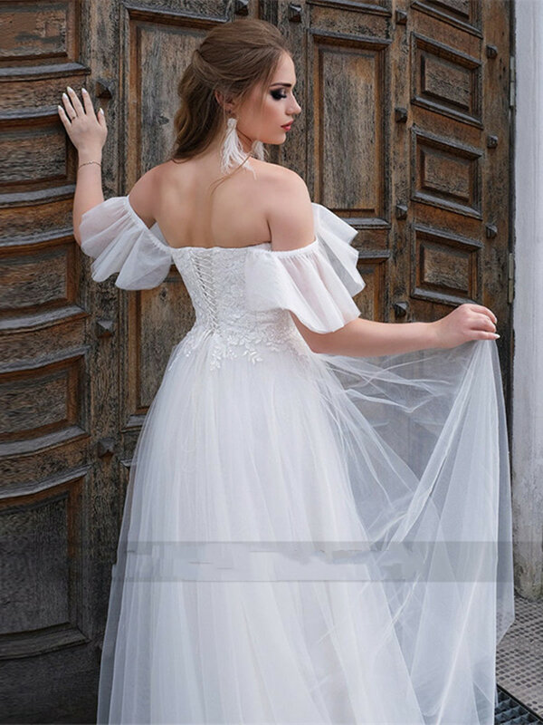 فستان زفاف أبيض على شكل قلب مزين بالدانتيل ذو فتحة عالية من الأورجانزا وأكمام طويلة على الأرض فستان العروس De Mariee وصل حديثًا
