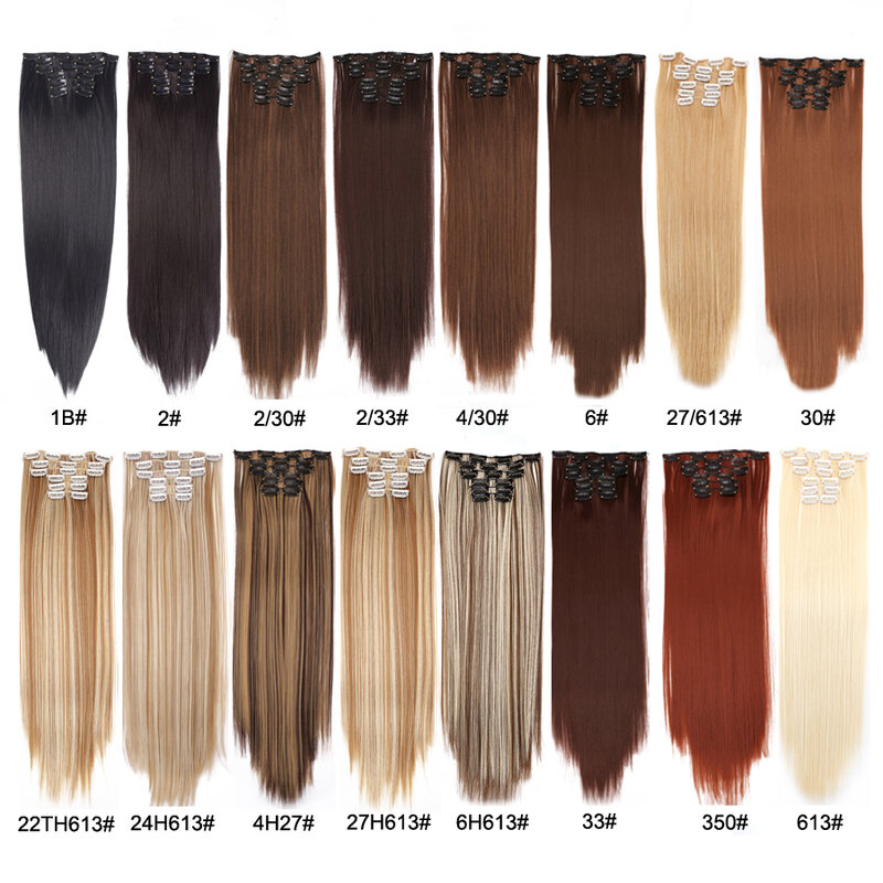 Leeons 16 مقاطع طويلة مستقيم الاصطناعية كليب على وصلات شعر Cheveux كليب Naturel ارتفاع درجة الحرارة الألياف أسود براون هيربيسي