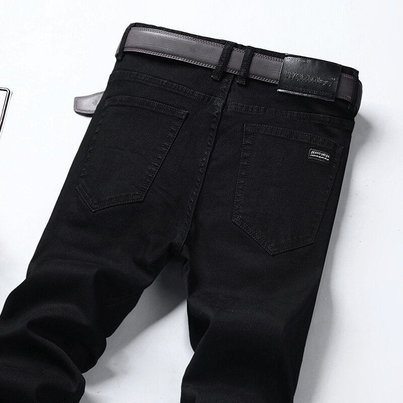بنطال جينز مطاطي أسود مستقيم ضيق للرجال ، جينز ماركة ، ملابس الشارع غير الرسمية الوسيم ، بنطلون ، جديد ، عصري ،