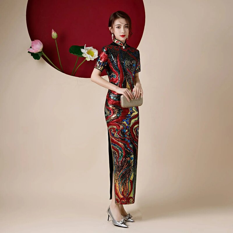 الجدة جديد مثير المخملية الخرز الترتر المرحلة تظهر فستان شيونغسام الرجعية الصينية ضئيلة بروتوكول فستان موضة السنة الجديدة تشيباو