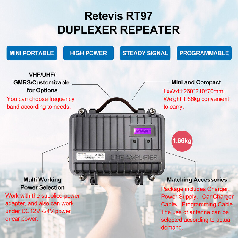 جهاز إعادة إرسال واستقبال لاسلكي لاسلكي مزدوج الاتجاه مكرر لاسلكي صغير قابل للتخصيص RETEVIS RT97 10 واط UHF (أو VHF)