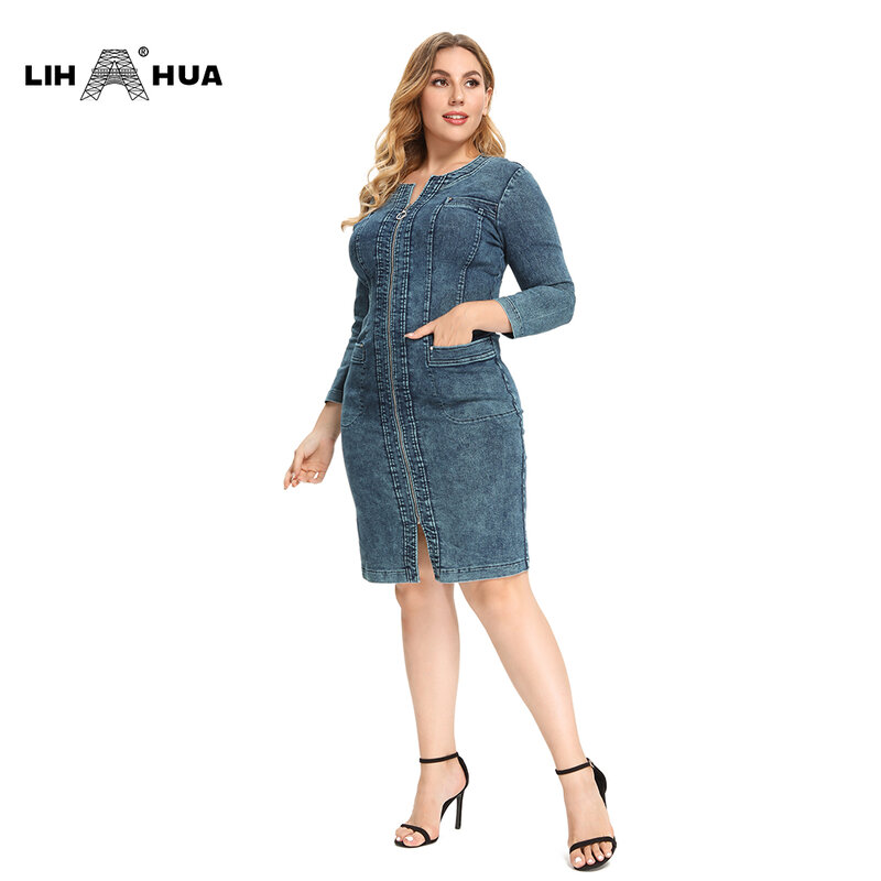 LIH HUA-فستان دنيم نسائي ، مقاس كبير ، مرونة عالية ، نحيف ، غير رسمي ، منسوج