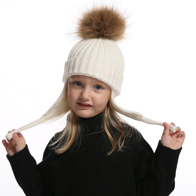 قبعة صوفية للأطفال ، قبعة شتوية للأولاد والبنات ، فرو حقيقي ، بوم بوم ، قبعة دافئة محبوكة للأطفال ، قبعات بومبون للأطفال