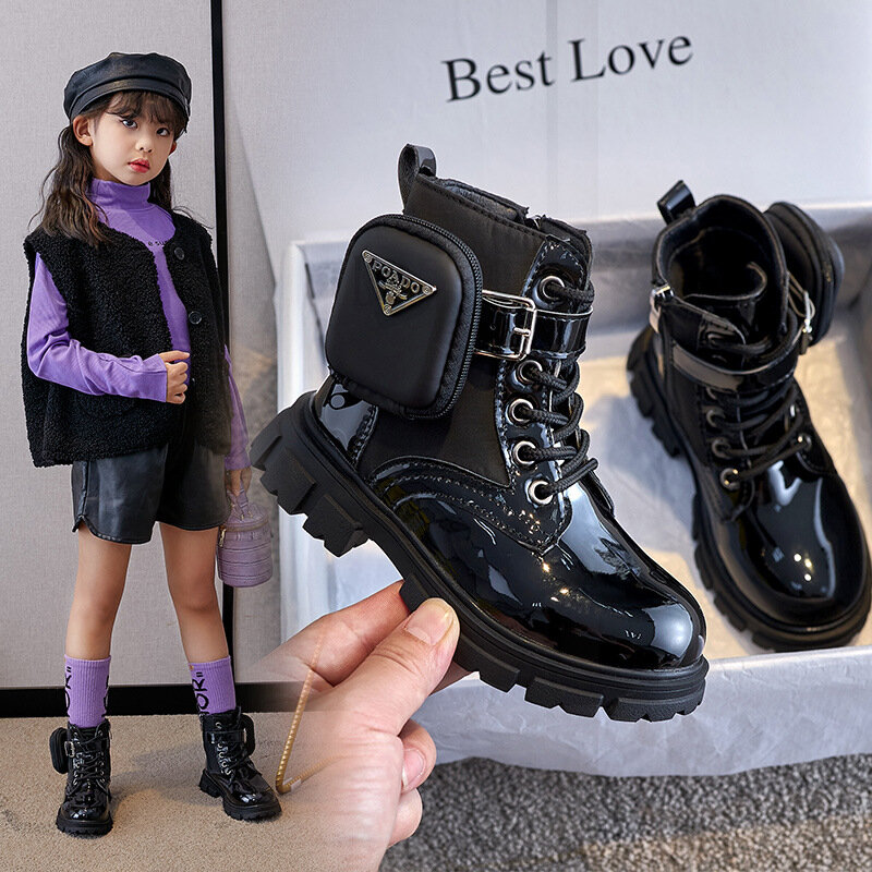 الكلاسيكية الأطفال زائد المخملية الأحذية الجلدية الخريف الشتاء الفتيات الأحذية السوداء الأحذية واحدة موضة الاطفال نمط جديد قصيرة الأحذية كبيرة